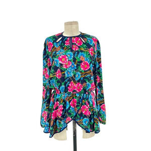 Diane Freis Vintage Navy Blue Floral Cut Out Neck Tulip‎ Hem Top Size Medium